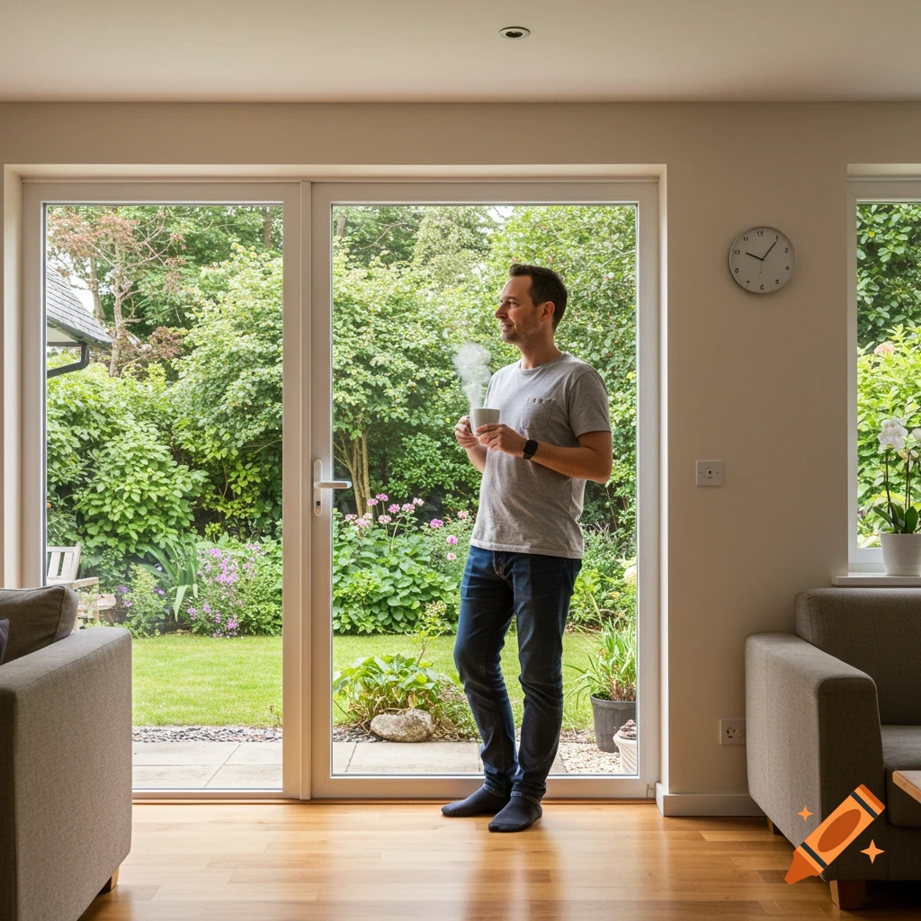 A man stands by a large glass door looking out at a lush green garden while holding a steaming cup of coffee. Photorealistic.