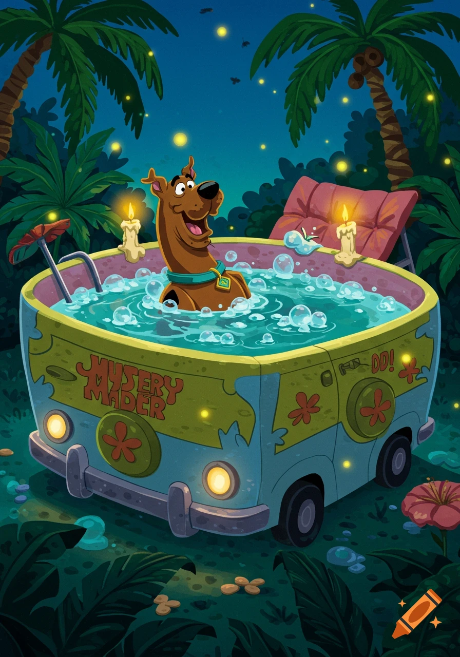 Scooby-Doo happily bathes in a bubble-filled Mystery Machine hot tub at night in a tropical jungle with palm trees and fireflies, cartoon style.