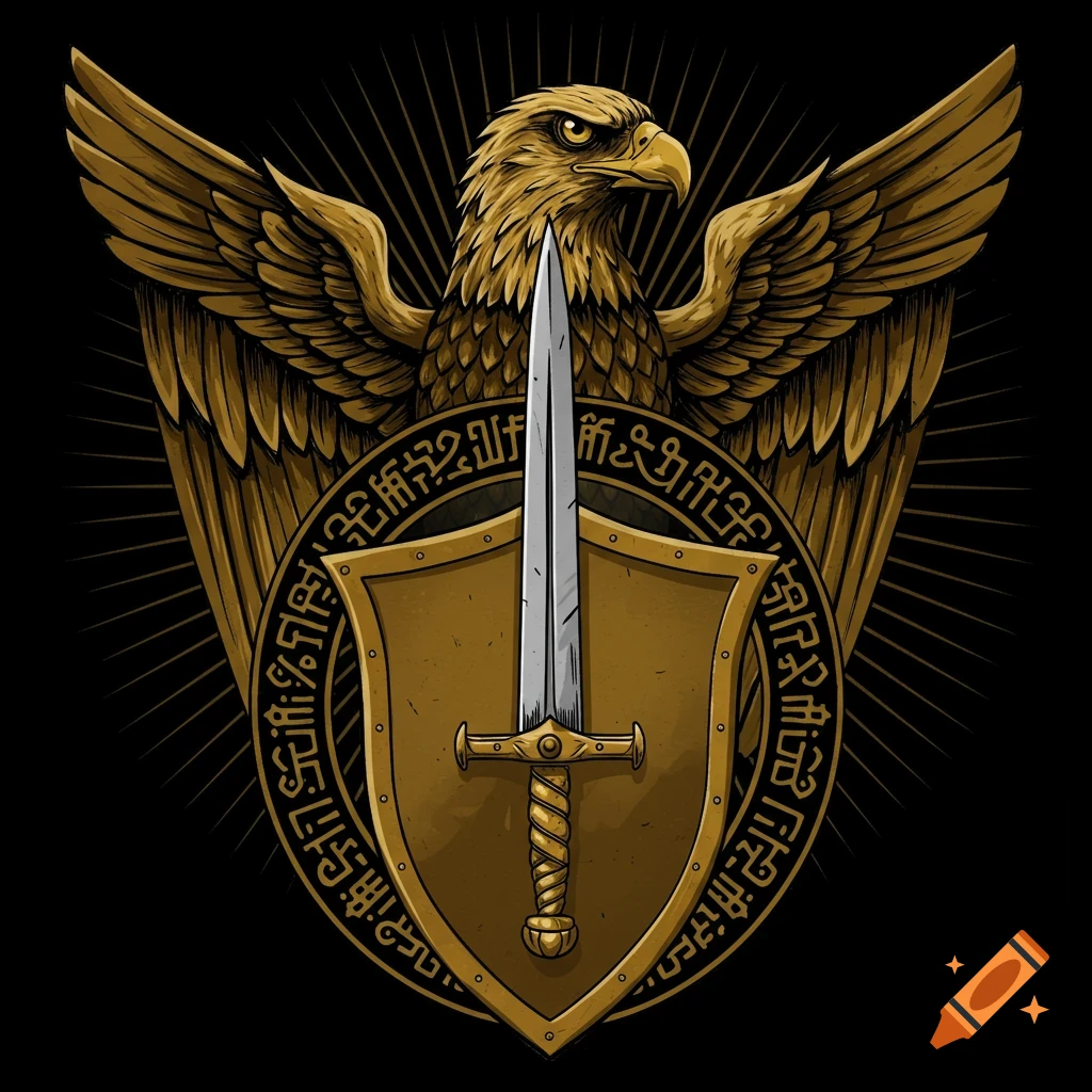A majestic golden eagle with spread wings behind a gold shield and silver sword, framed by radiating lines on a dark background.