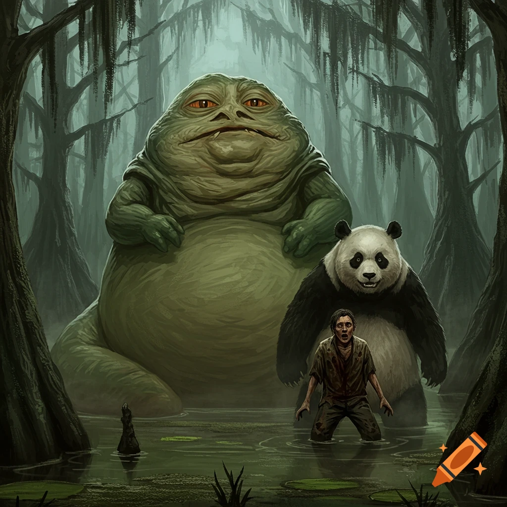 A large green Jabba-like creature and a menacing panda bear loom over a terrified man in a dark, murky swamp.