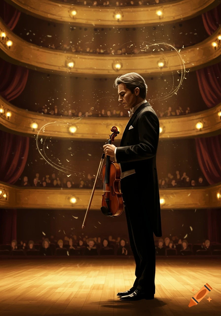 A man in a tuxedo holding a violin on a stage in a grand concert hall, bathed in a spotlight with magical glowing effects.