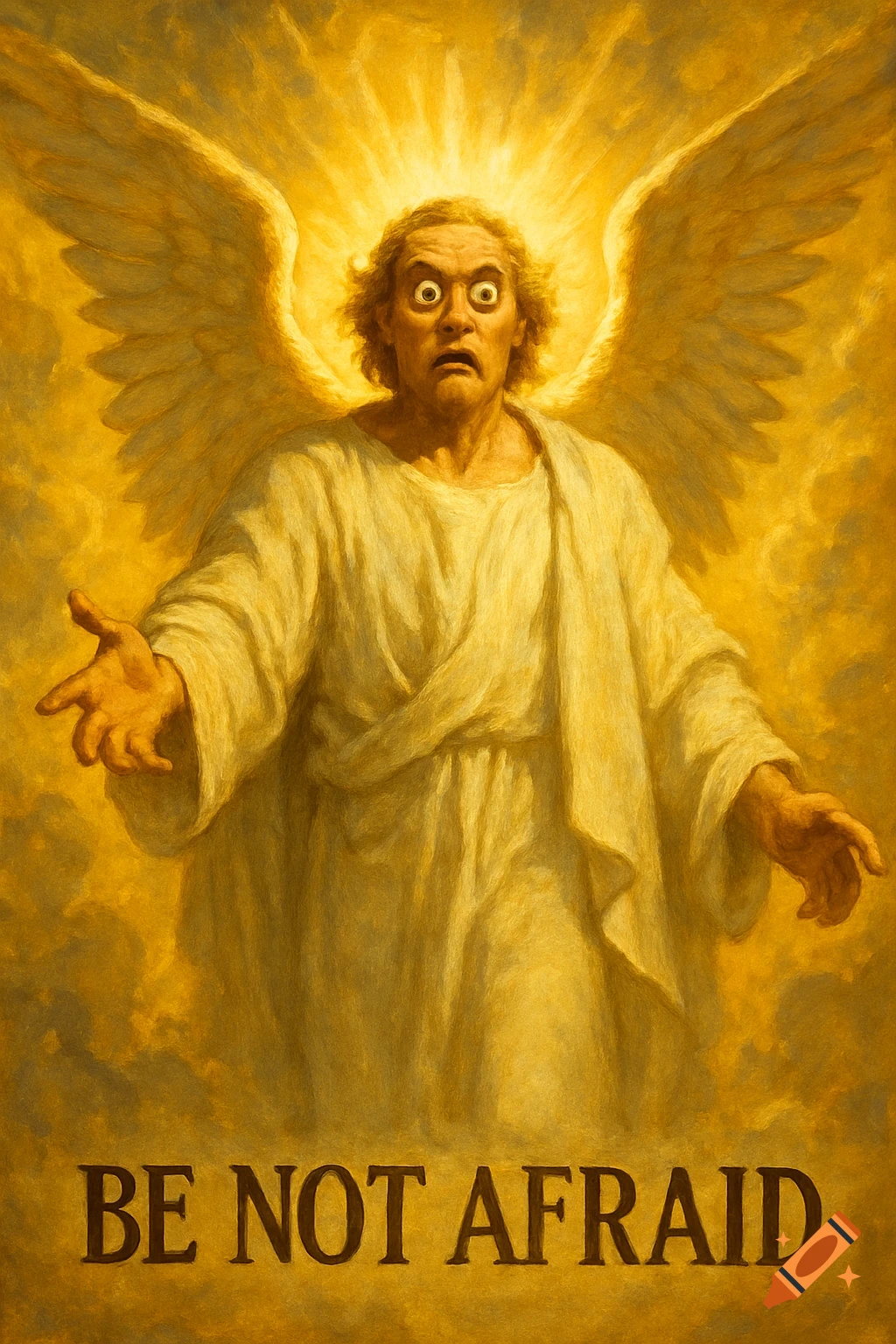 A golden, glowing angel with bulging eyes and a scared expression spreads its arms, with the text "BE NOT AFRAID" below.
