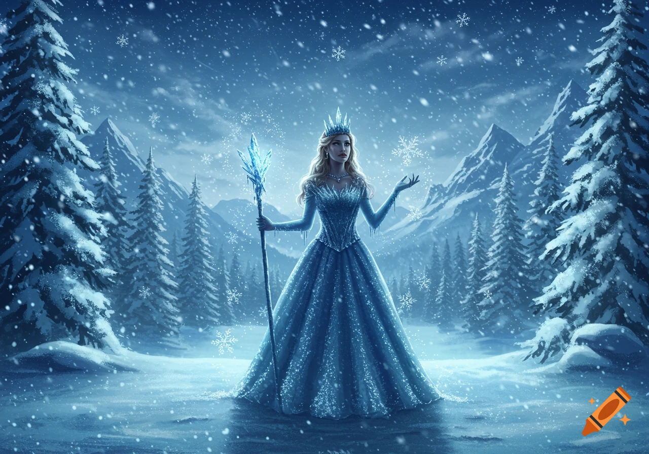 An ice queen in a sparkling blue gown and crown stands in a snowy ...