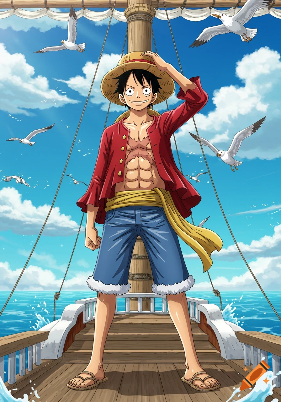 Anime character Luffy stands on a ship deck with a red shirt, blue shorts, straw hat, and visible abs, under a blue sky with seagulls.