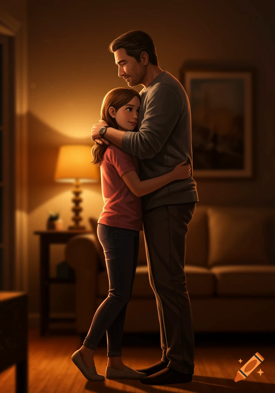 Realistic illustration of a father and daughter hugging in a warmly lit indoor home.