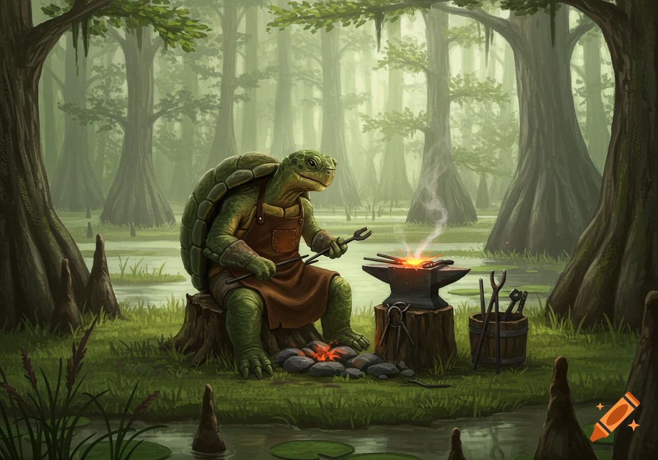 An anthropomorphic green turtle in an apron sits on a tree stump, blacksmithing, surrounded by misty swamp forest and water.