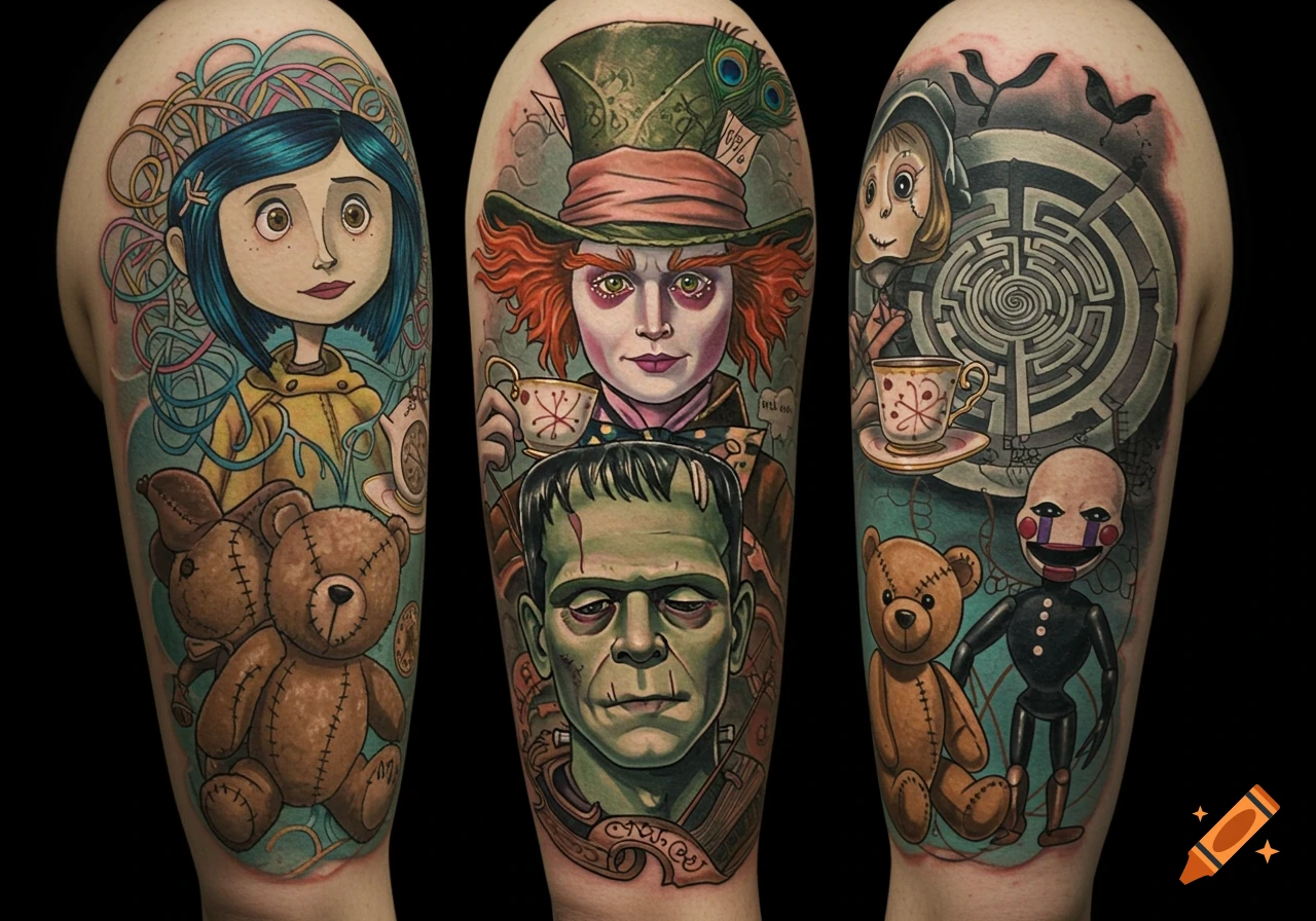 Three colorful tattoo sleeves featuring Coraline, Mad Hatter, Frankenstein, a Sindy-like doll, a labyrinth, teddy bears, and a ventriloquist puppet.