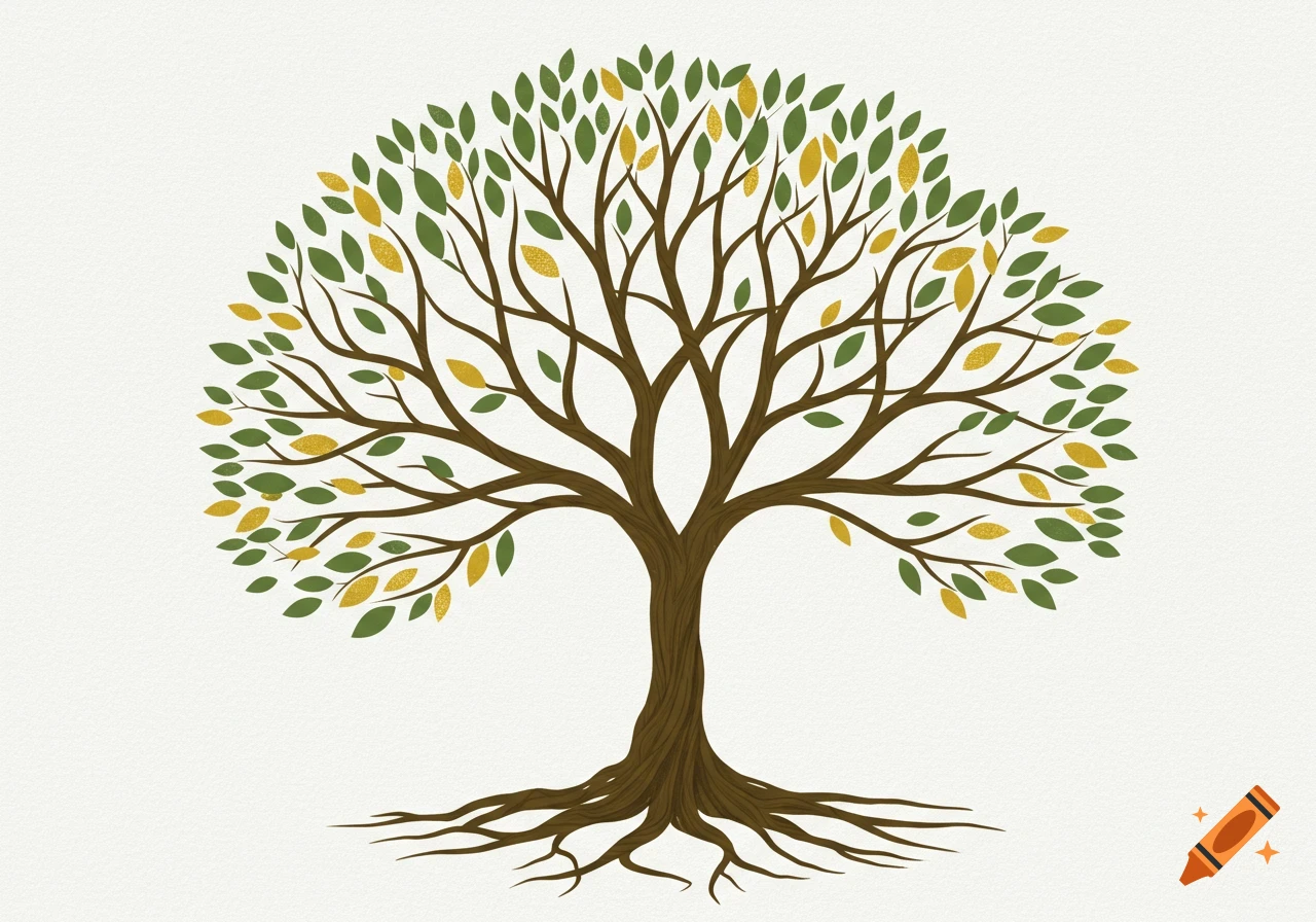 A minimalist illustration of a tree with green and golden leaves and visible roots on a textured off-white background.
