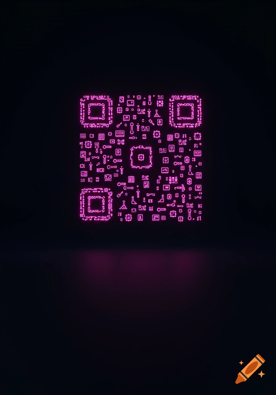 Pink Code Icon Neon pink QR-code style symbol, made of tiny digital tool icons, glows ...