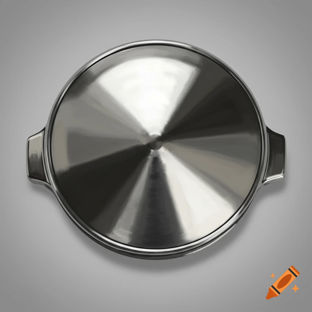 A shiny silver metal pot lid with two small handles, viewed from directly above, reflecting light on a gray background.