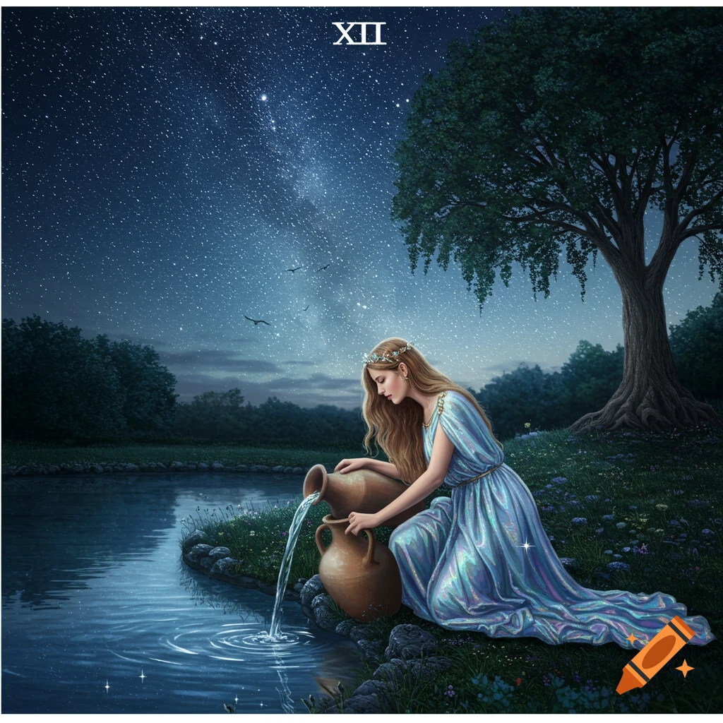 A woman in a flowing blue gown kneels by a pond, pouring water from one earthen jar into another under a starry night sky. A large tree stands nearby.