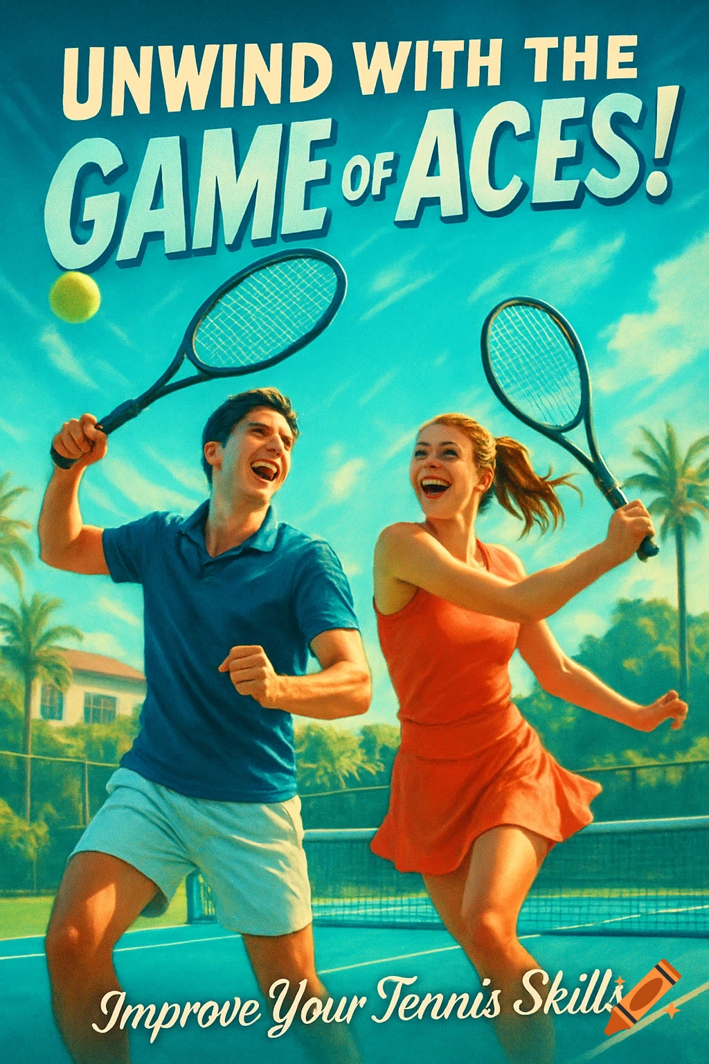 Retro-style poster of a man and woman playing tennis, smiling on a court. Text: 'UNWIND WITH THE GAME OF ACES! Improve Your Tennis Skills'.
