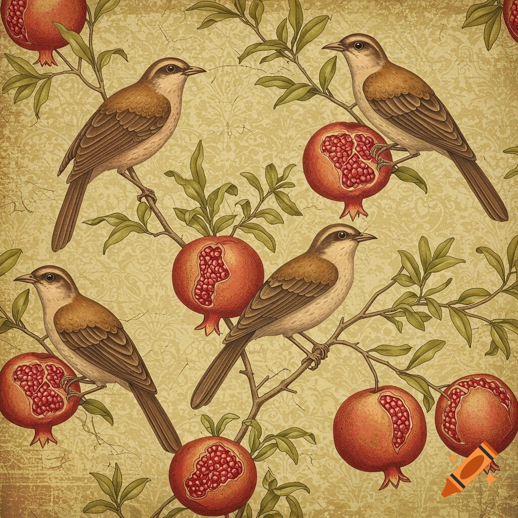 Vintage wallpaper pattern with brown birds, pomegranates, and green leaves on a textured light green background.