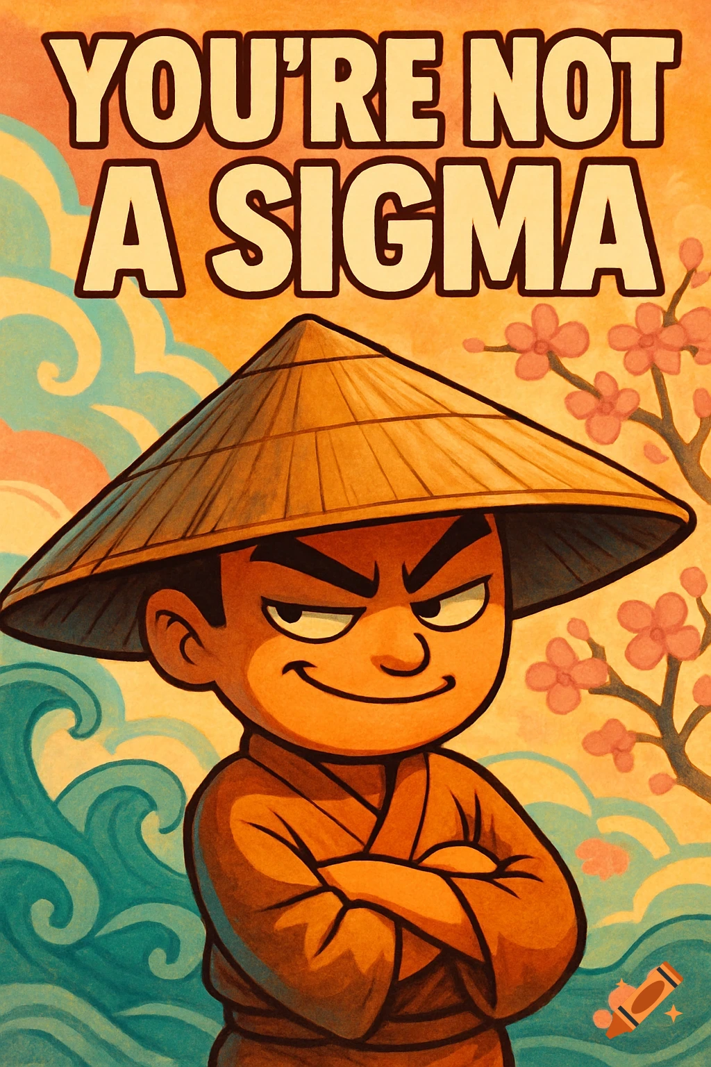 A cartoon character with a smug expression, wearing an Asian conical hat and robe, with crossed arms. Text above reads "YOU'RE NOT A SIGMA" against a background of waves and cherry blossoms.