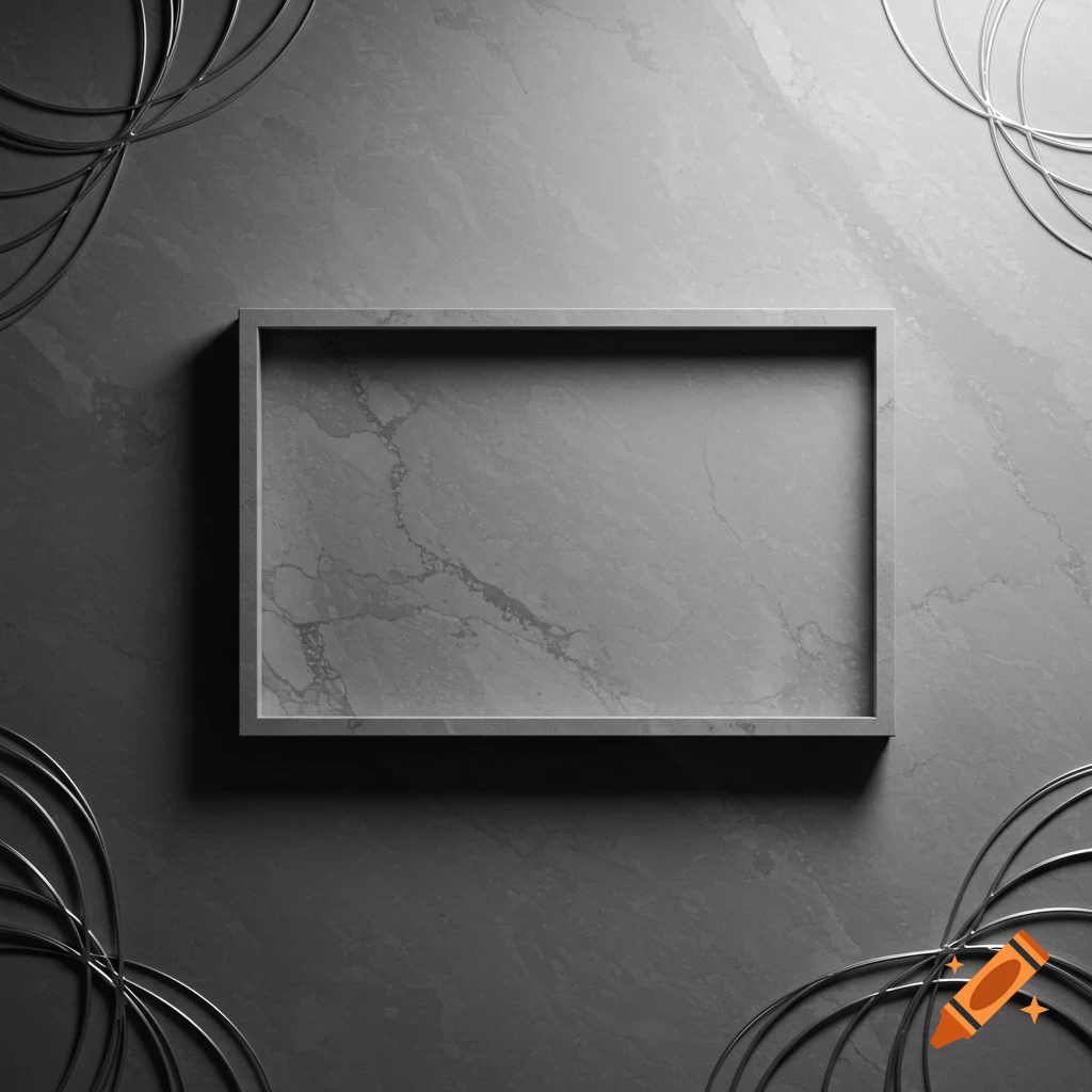 A gray rectangular frame rests on a marbled gray surface, with abstract silver wire rings in the corners, creating a minimalist and elegant design.