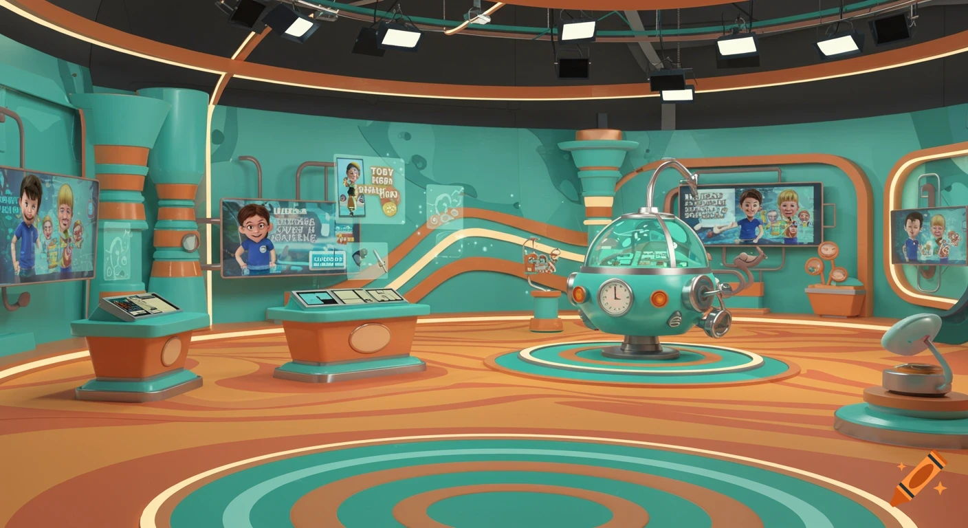 A vibrant, cartoon-style futuristic children's TV studio set in turquoise and orange, with screens displaying animated kids and a time machine.