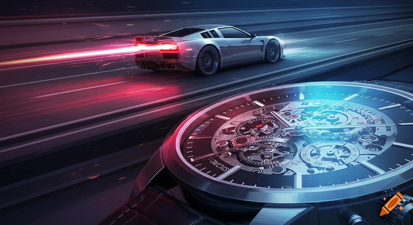 A silver sports car with red light trails speeding on a dark road, with a large, intricate mechanical watch in the foreground.