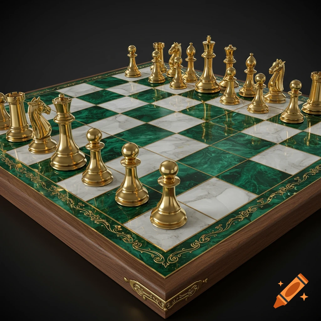 A luxurious chessboard with gold pieces on emerald green and white marble squares, featuring a wooden base with gold accents.