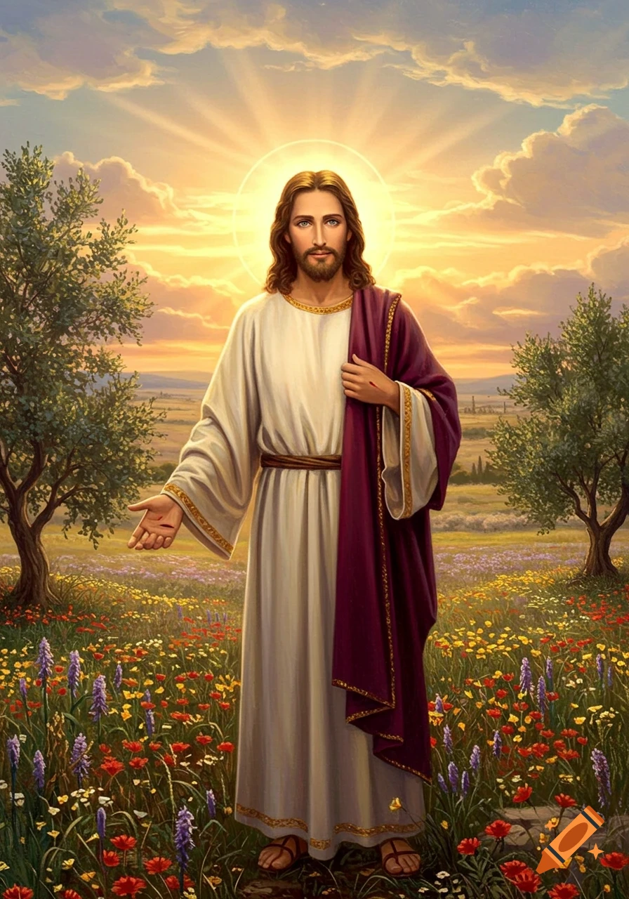 A depiction of Jesus Christ with a halo, standing in a vibrant field of colorful wildflowers under a glowing sunset sky.