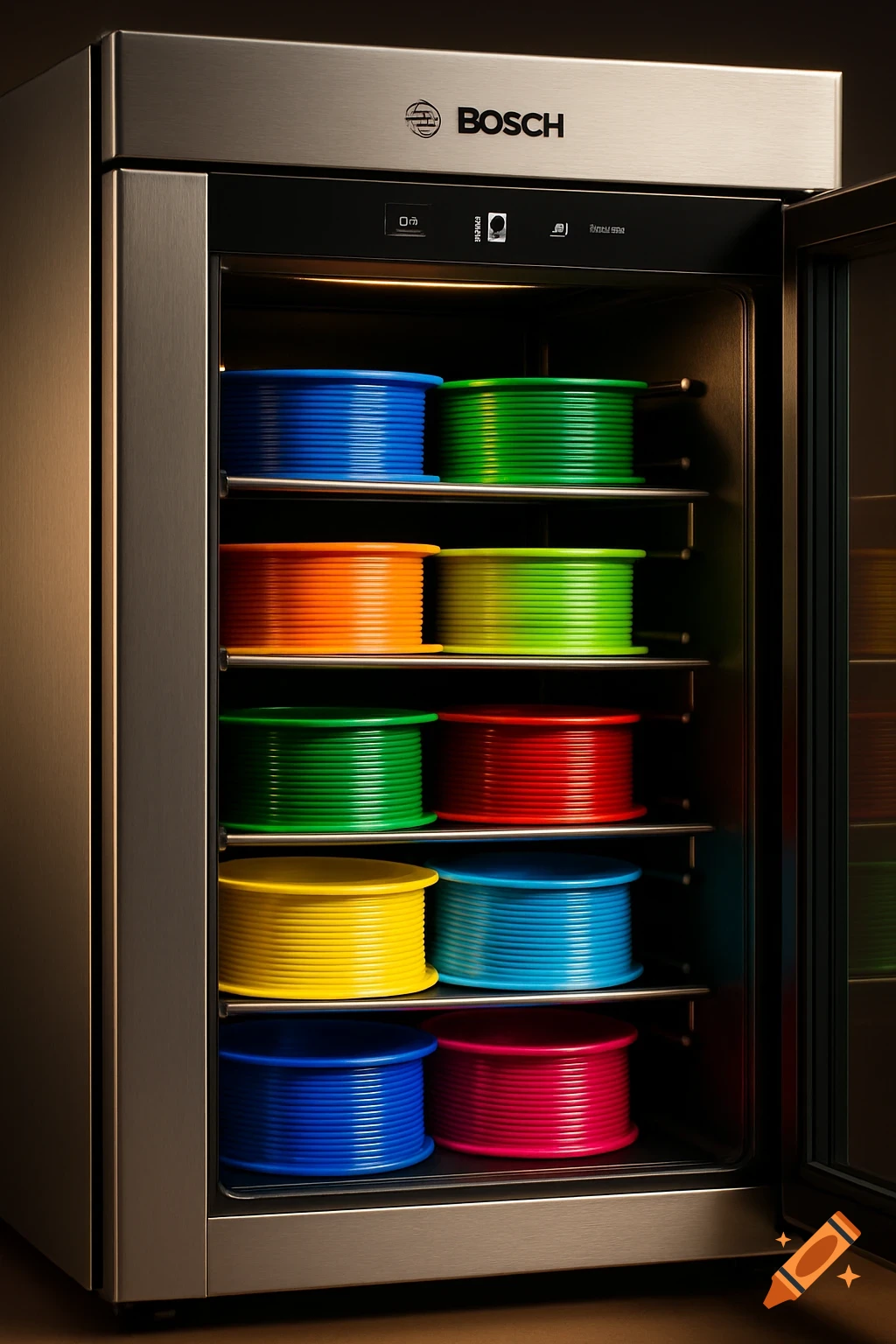 A stainless steel Bosch wine cooler with its door slightly ajar, revealing multiple shelves filled with colorful spools of 3D printing filament inside.