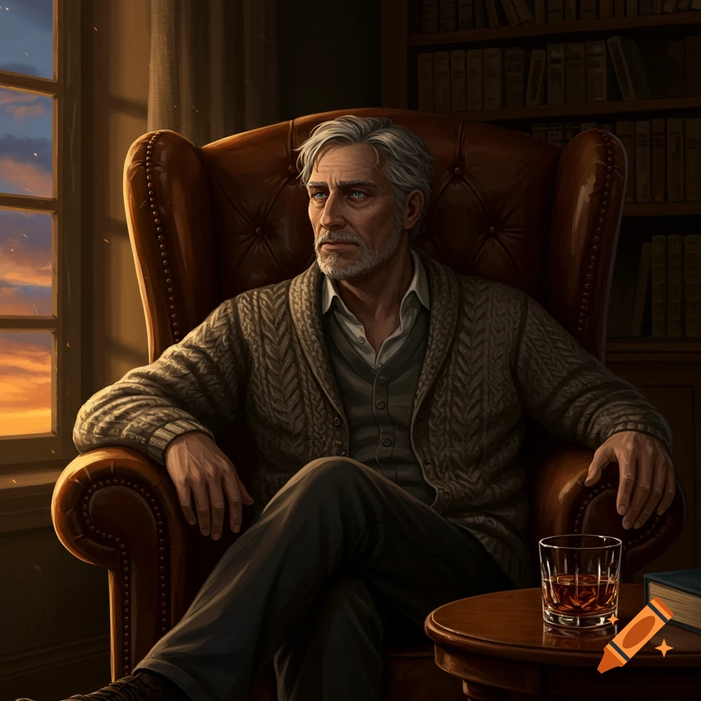 Realistic digital painting of a thoughtful grey-haired man in a leather armchair by a window at sunset, with a drink nearby.