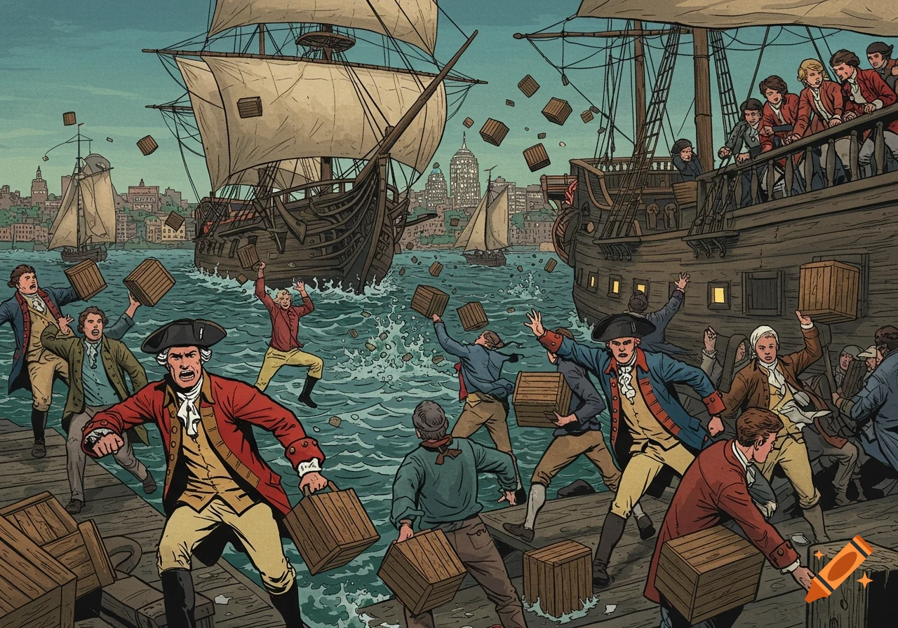 Comic illustration of American patriots in colonial attire throwing wooden crates from a ship into the water during the Boston Tea Party.