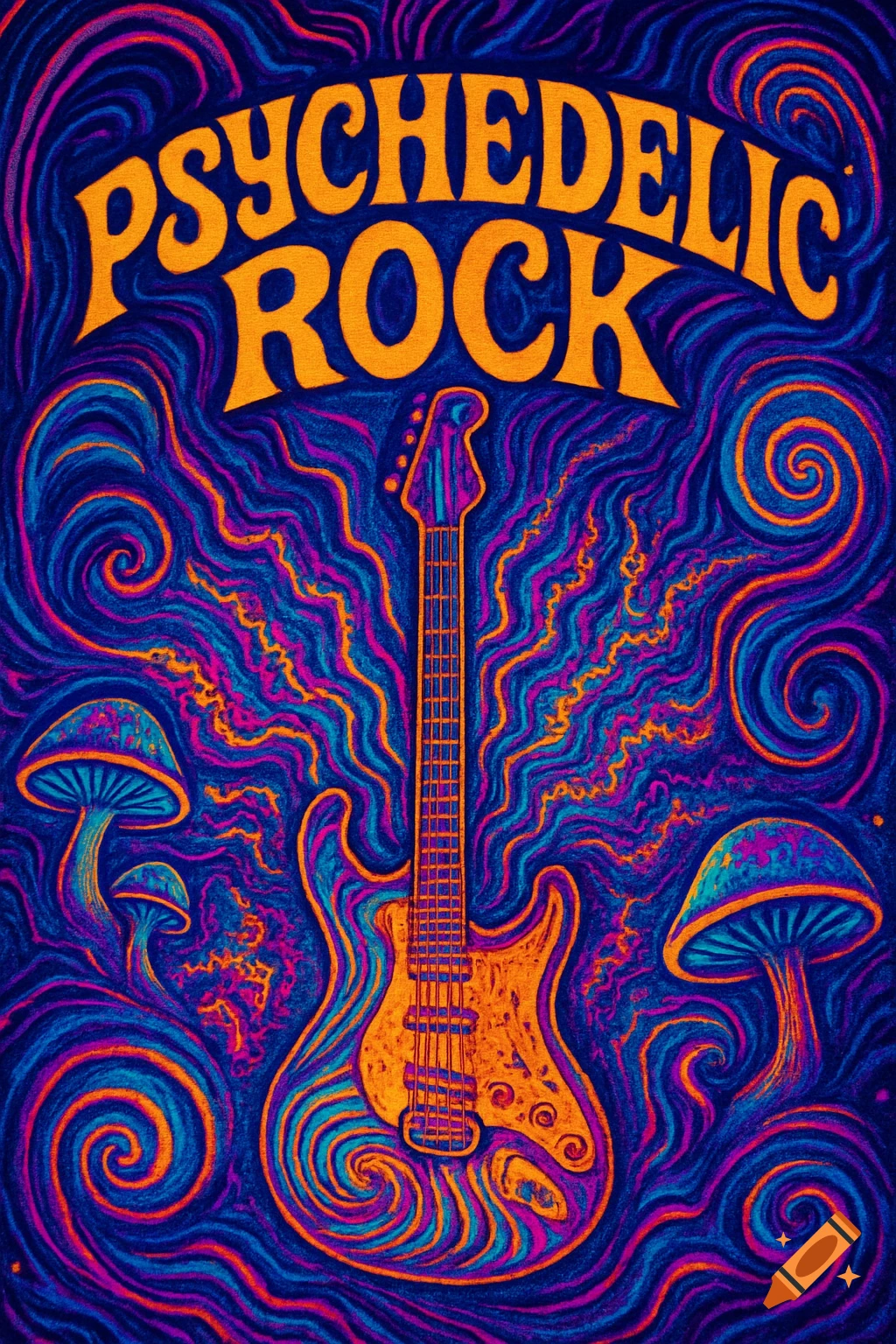 A vibrant psychedelic poster with orange text 'PSYCHEDELIC ROCK' above a guitar, surrounded by swirling patterns and mushrooms.