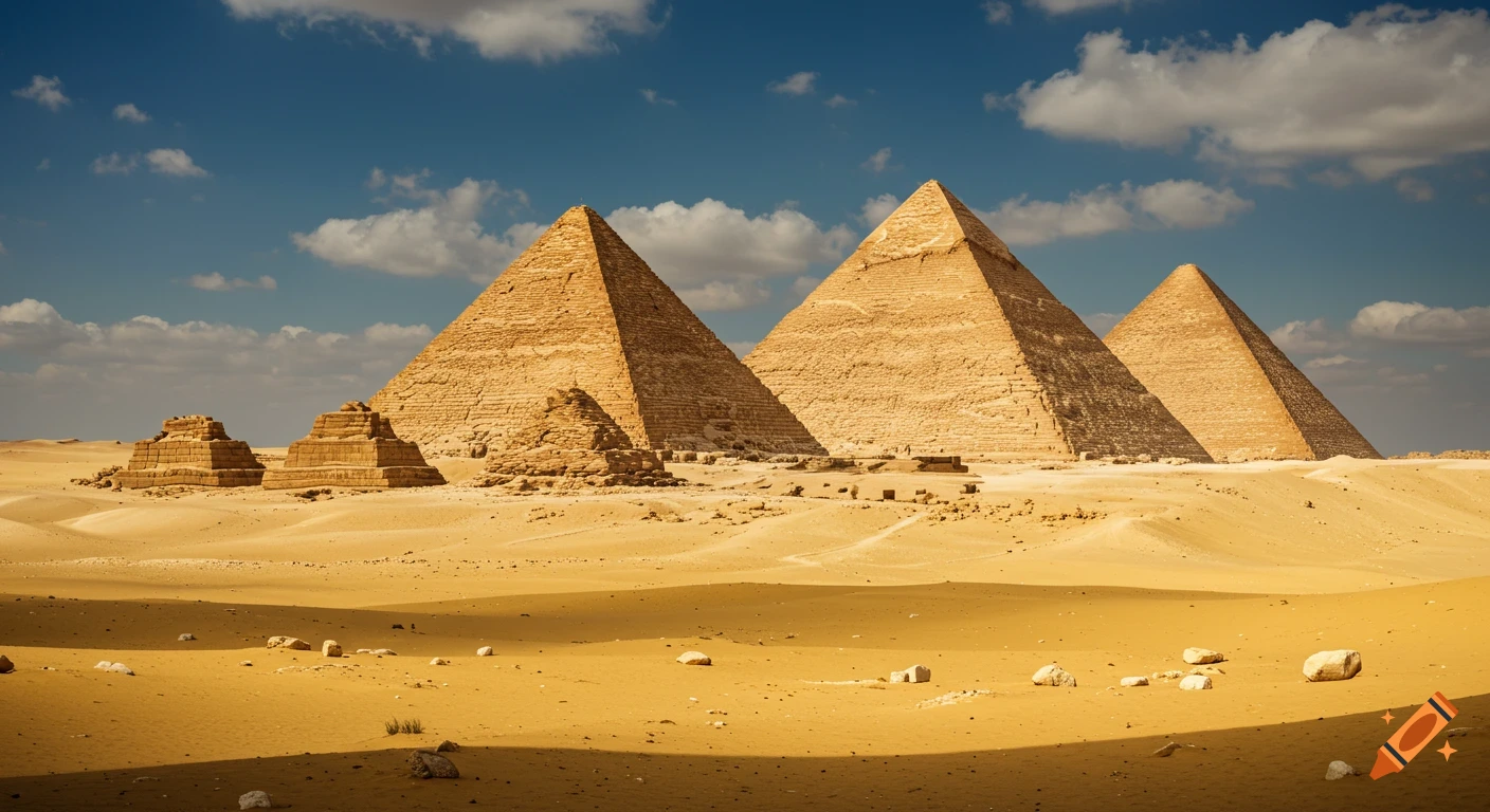 Photorealistic wide-angle view of the Great Pyramids of Giza in the Egyptian desert under a blue sky with white clouds.