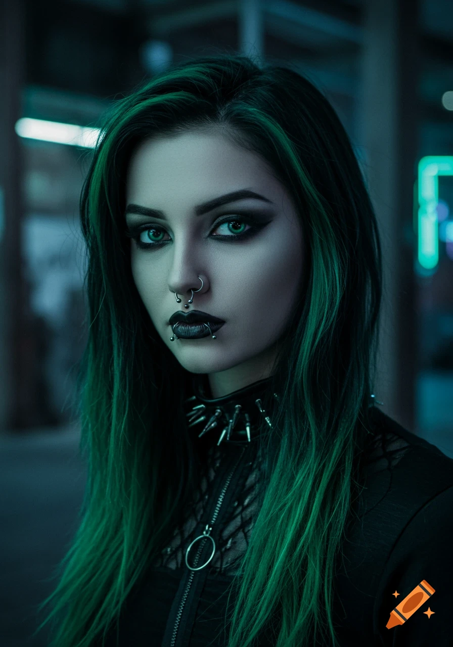 A goth woman with vibrant green highlighted hair, dark eye makeup, and multiple facial piercings looks directly at the viewer.