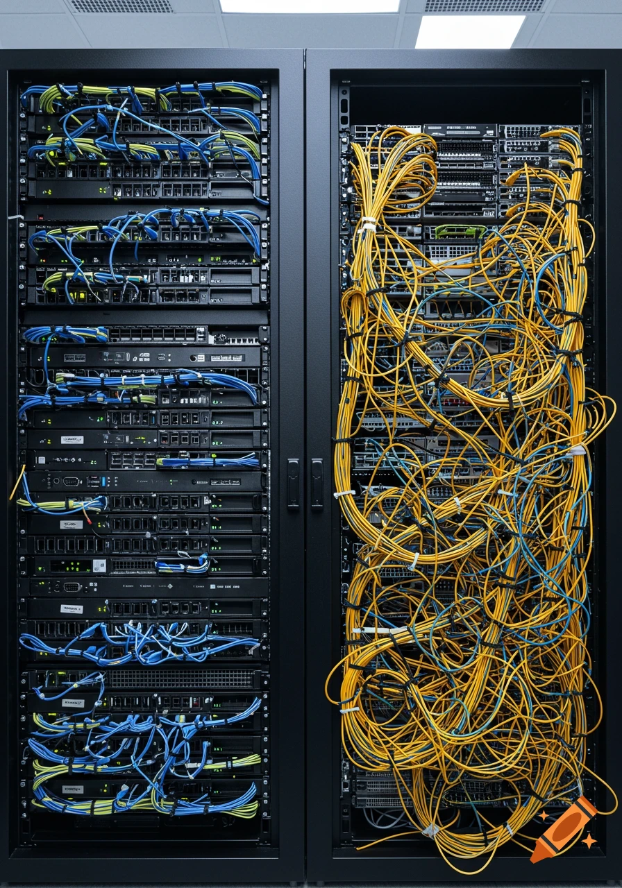 Two server racks, one with neatly organized blue and yellow cables, the other with a tangled mess of yellow and blue cables.