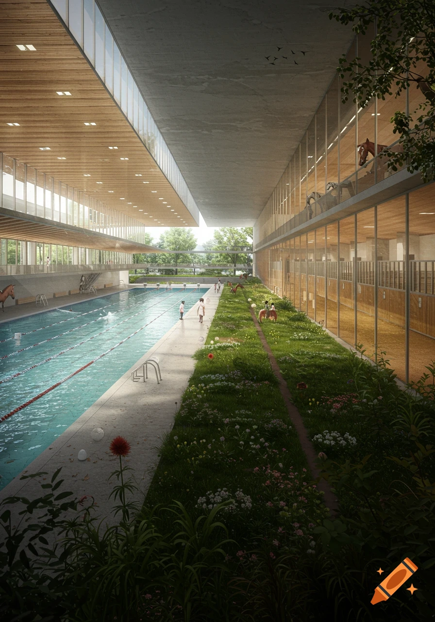 A photorealistic rendering of a modern building with a long swimming pool on the left and horse stables on the right, separated by a grassy area.