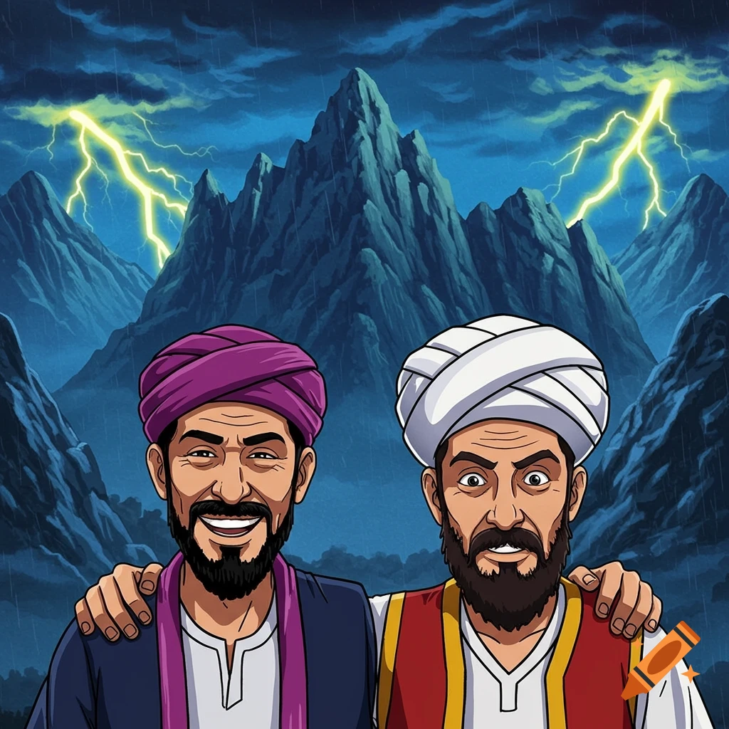 Two cartoon men in turbans, one smiling and one startled, stand before dramatic mountains with lightning and stormy clouds.