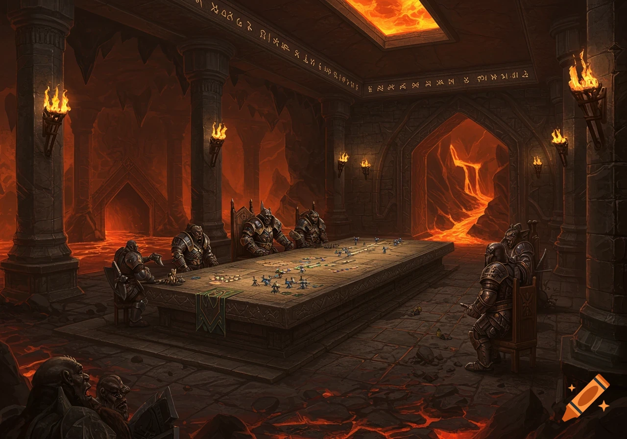 Armored figures play a board game on a stone table in a large, lava-filled underground fantasy chamber.