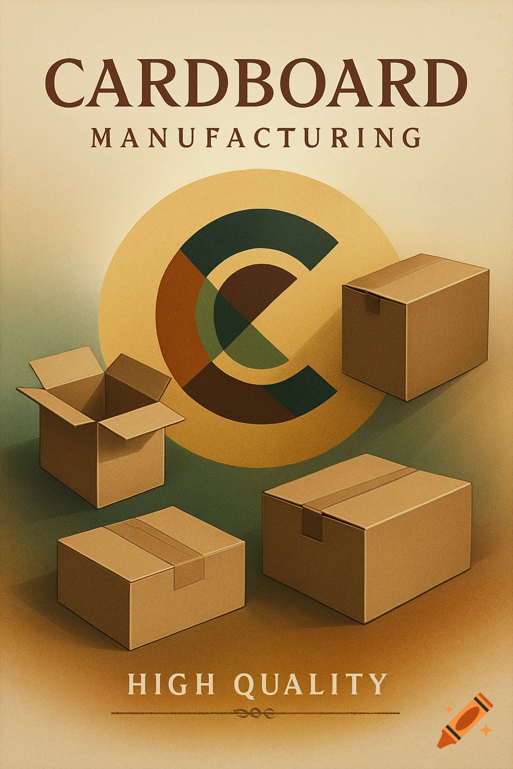 Vintage-style poster for cardboard manufacturing with boxes and text 'CARDBOARD MANUFACTURING HIGH QUALITY'.