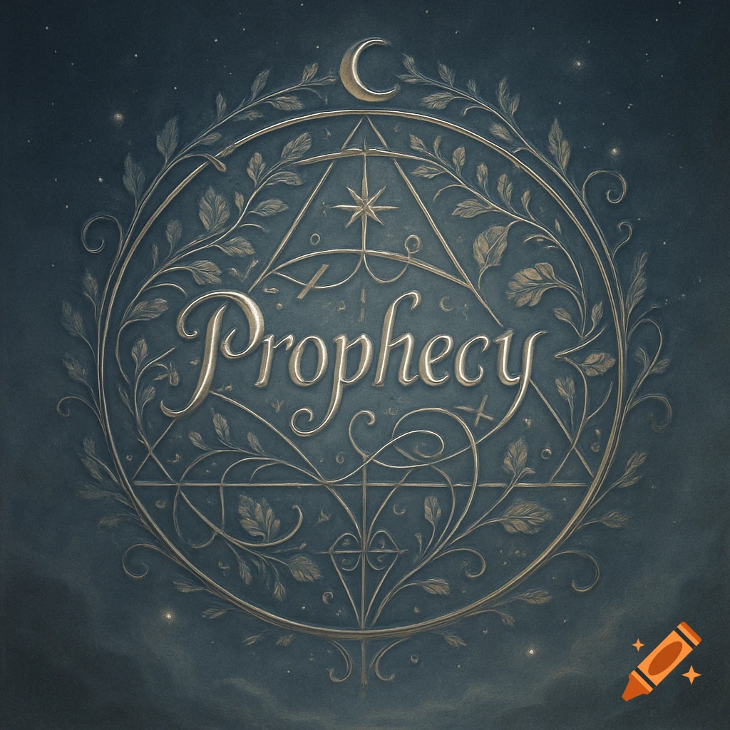 A gold ornate circular magical symbol with leaves and celestial elements, centered with the word 'Prophecy' on a dark blue starry background.