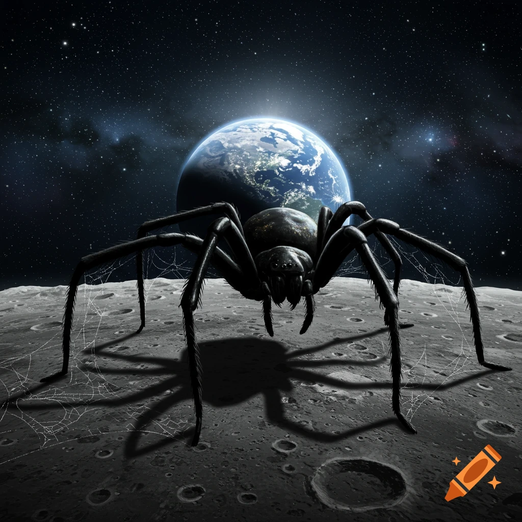 A giant black spider stands on the desolate, cratered moon surface with Earth glowing in the starry night sky, photorealistic.