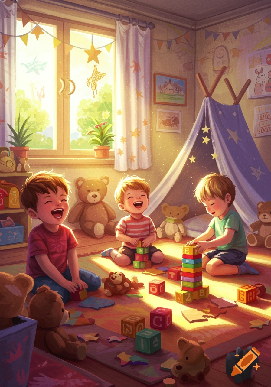 Three happy children play with colorful building blocks and teddy bears in a sunlit playroom, illustration style.