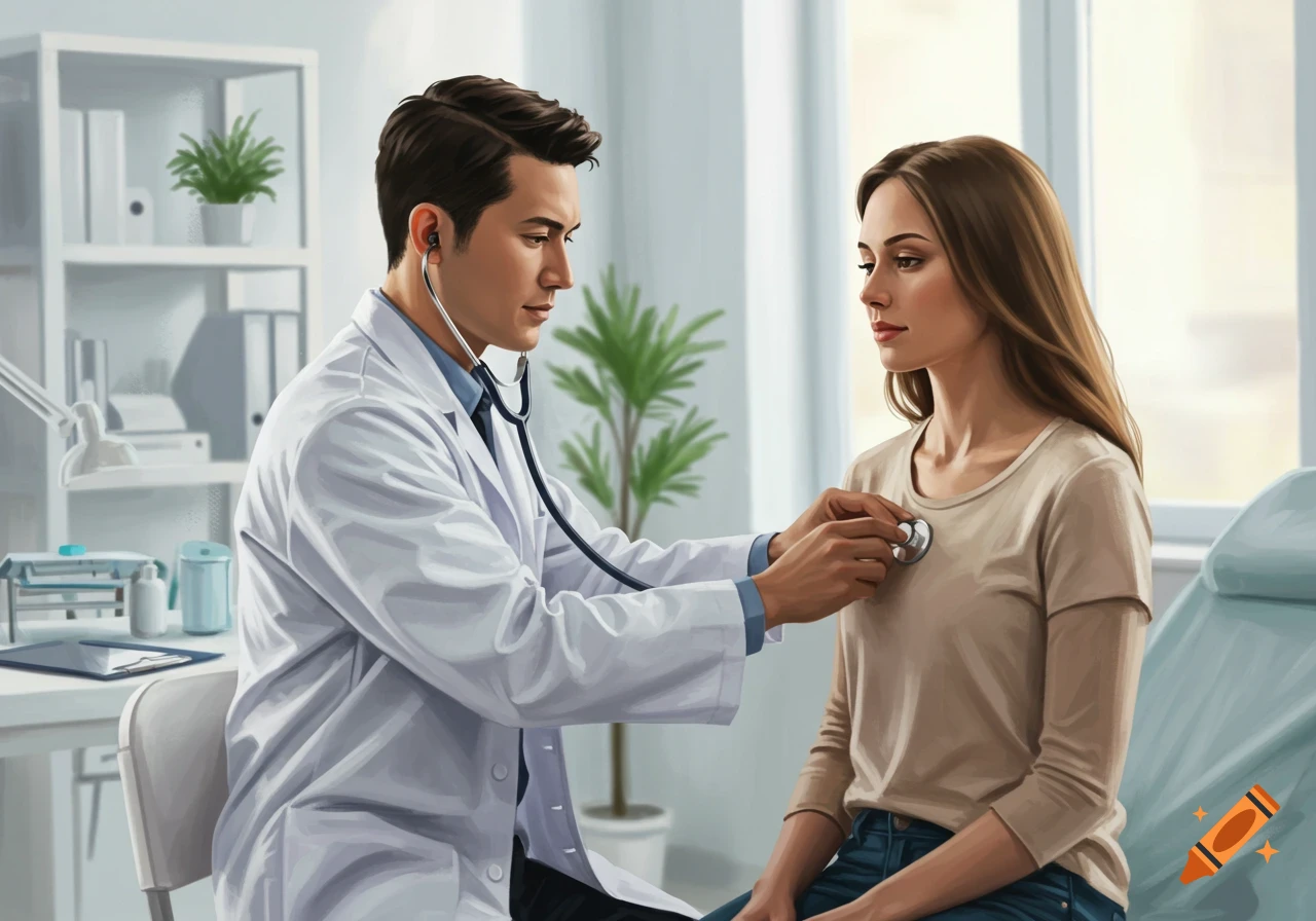 A doctor listens to a woman's heart with a stethoscope in a brightly