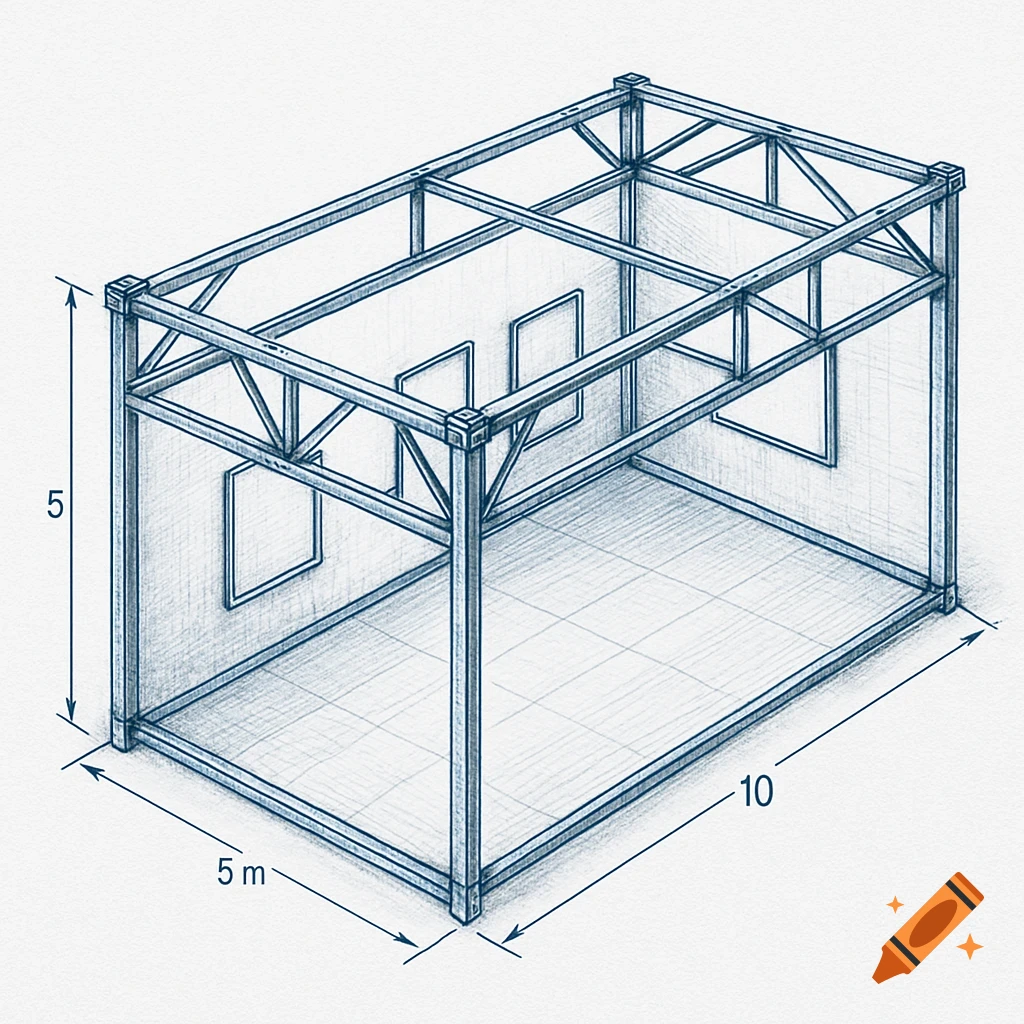 Blueprint-style drawing of an open metal frame structure with indicated dimensions of 5 by 10 meters.