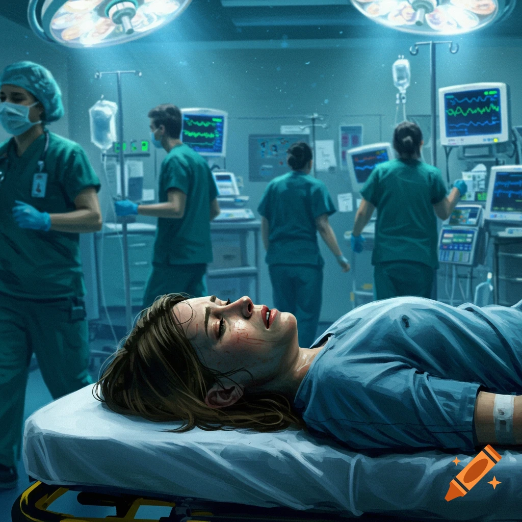 A woman lies on a stretcher in an emergency room, appearing distressed, with medical staff and equipment in the background in a stylized digital art scene.