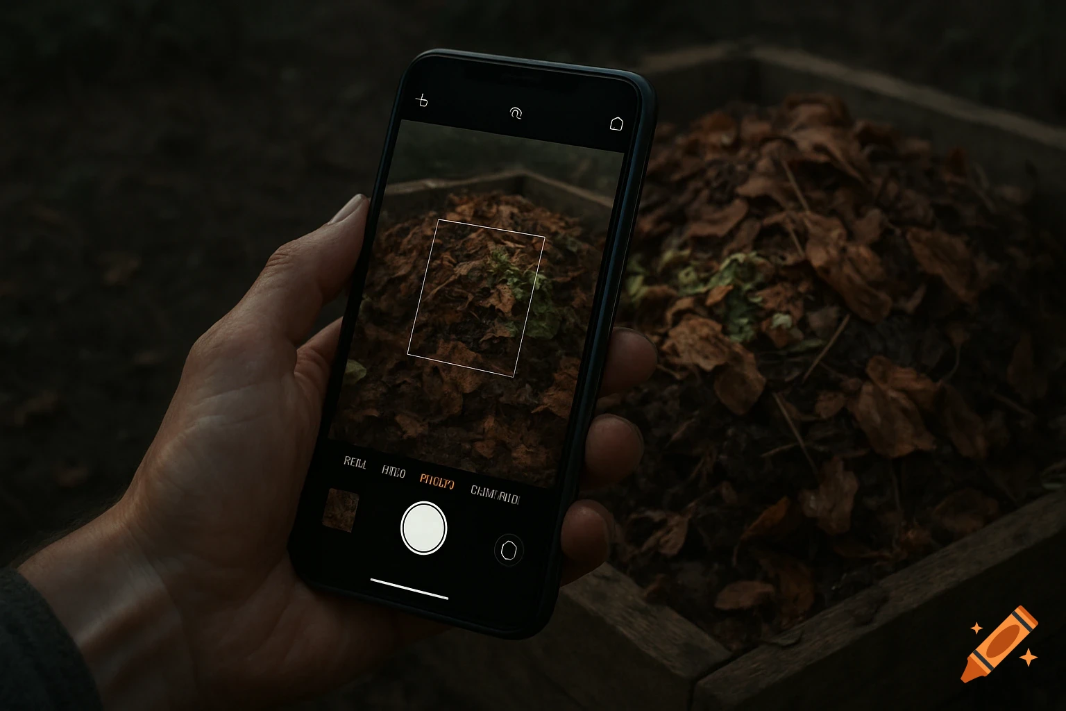 A hand holds a smartphone, its camera app showing a compost pile of leaves, with the actual compost pile in the background.