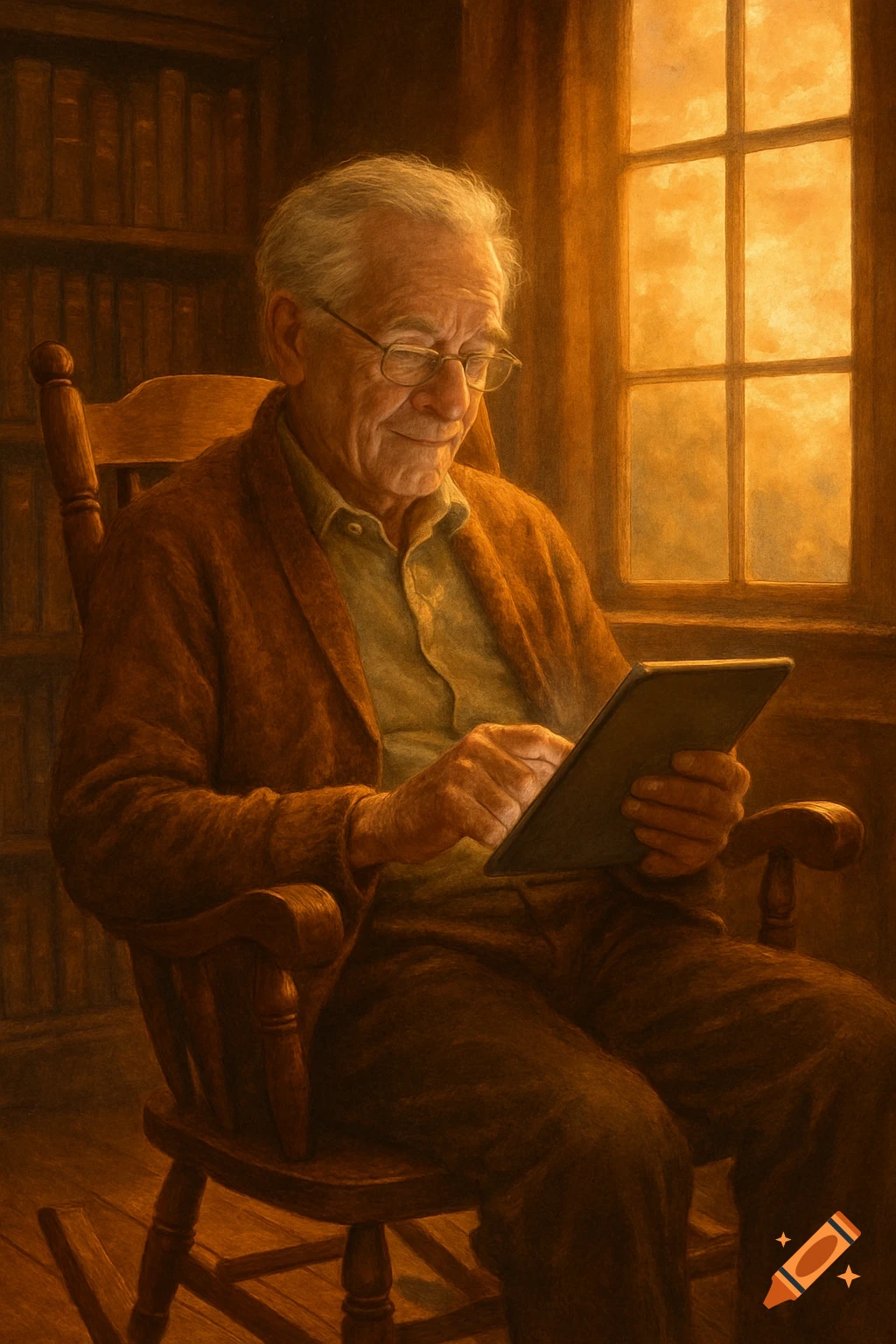 An elderly man with glasses sits in a rocking chair, reading on a tablet in a warmly lit room with a window and bookshelf.