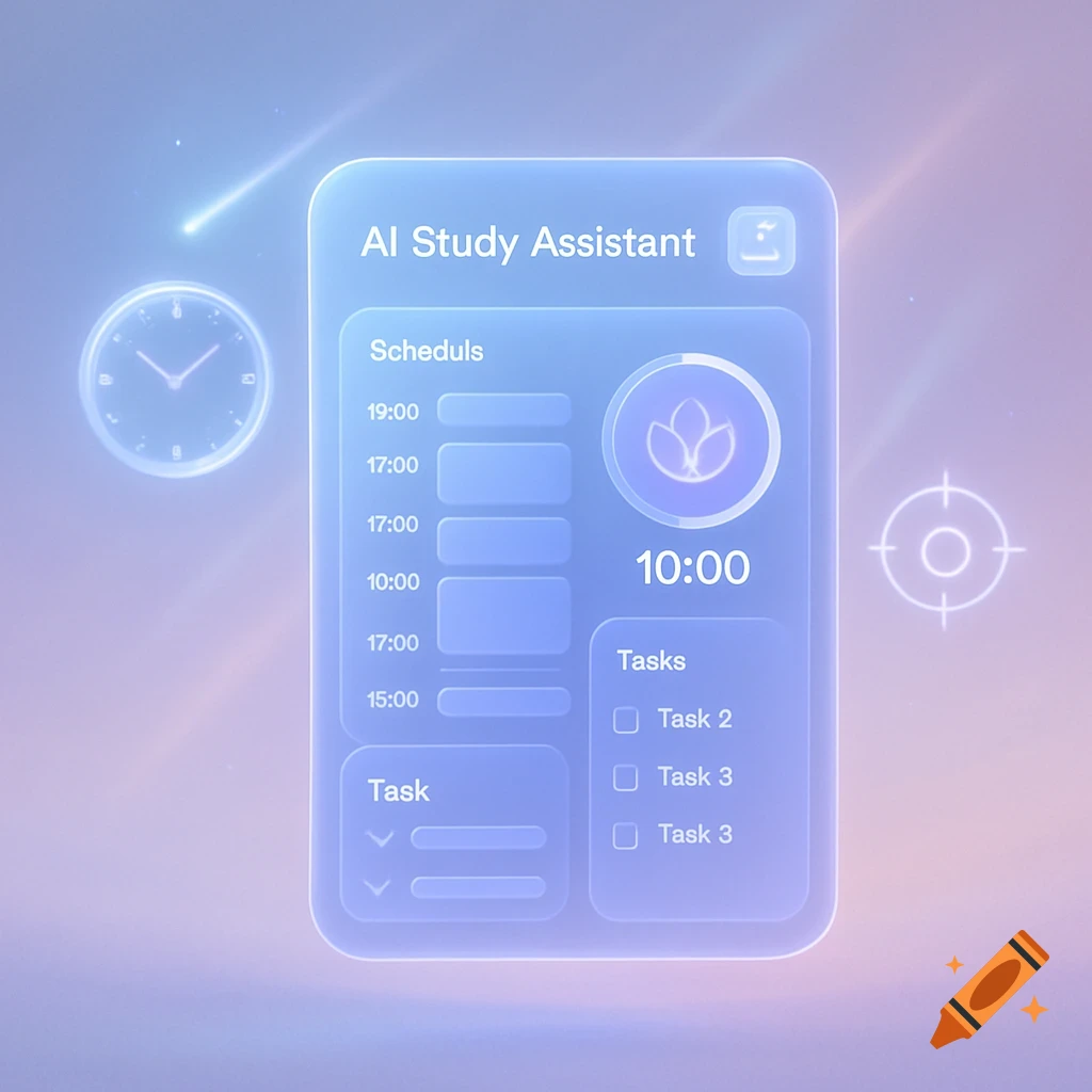 A glowing, translucent blue AI study assistant app interface displaying schedules and tasks, with a digital clock and comet in the background.