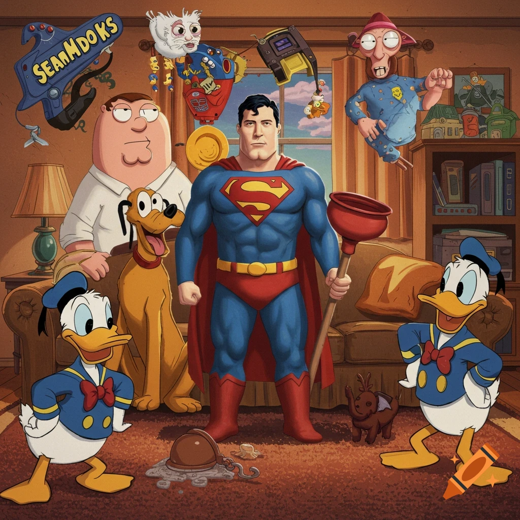 Superman, Peter Griffin, Pluto, Donald Duck, and other distorted cartoon characters gathered in a living room, in a quirky animated style.
