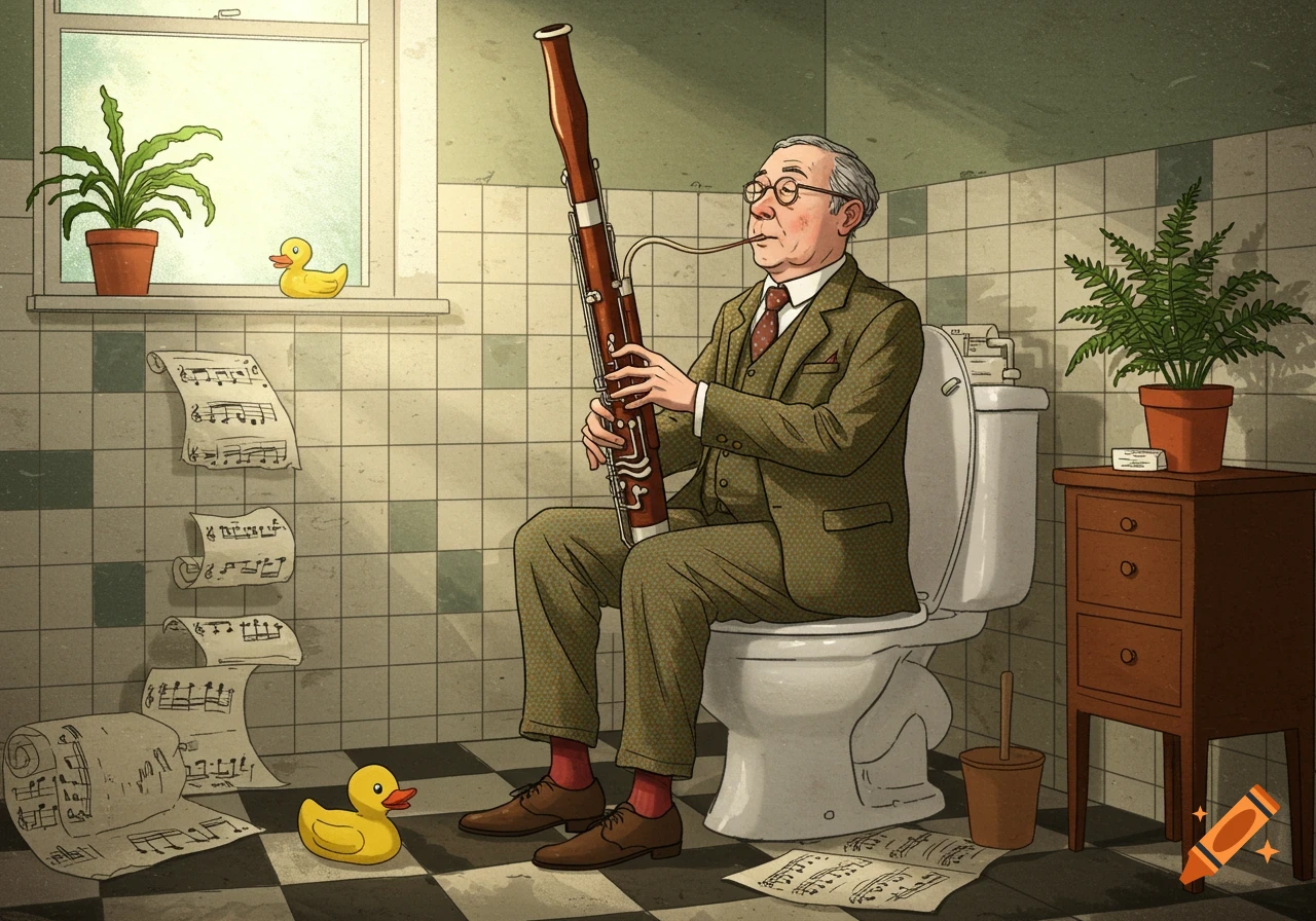 An old man in a suit plays a bassoon while sitting on a toilet in a tiled bathroom, with musical sheets on the wall and floor.