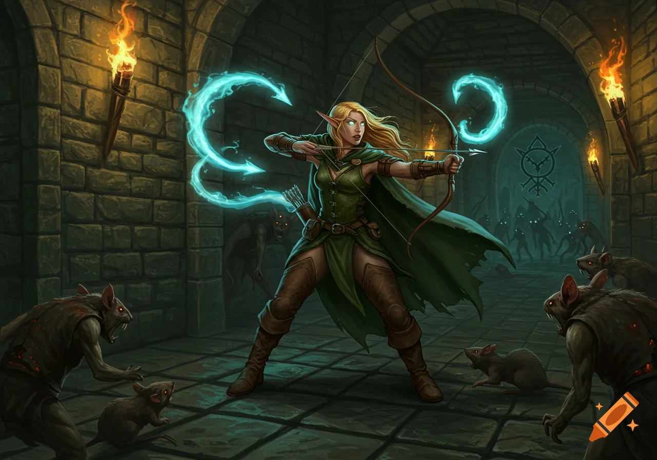 A blonde half-elf ranger aims a magical bow at rat-like monsters in a dark dungeon, with torches lighting the walls.