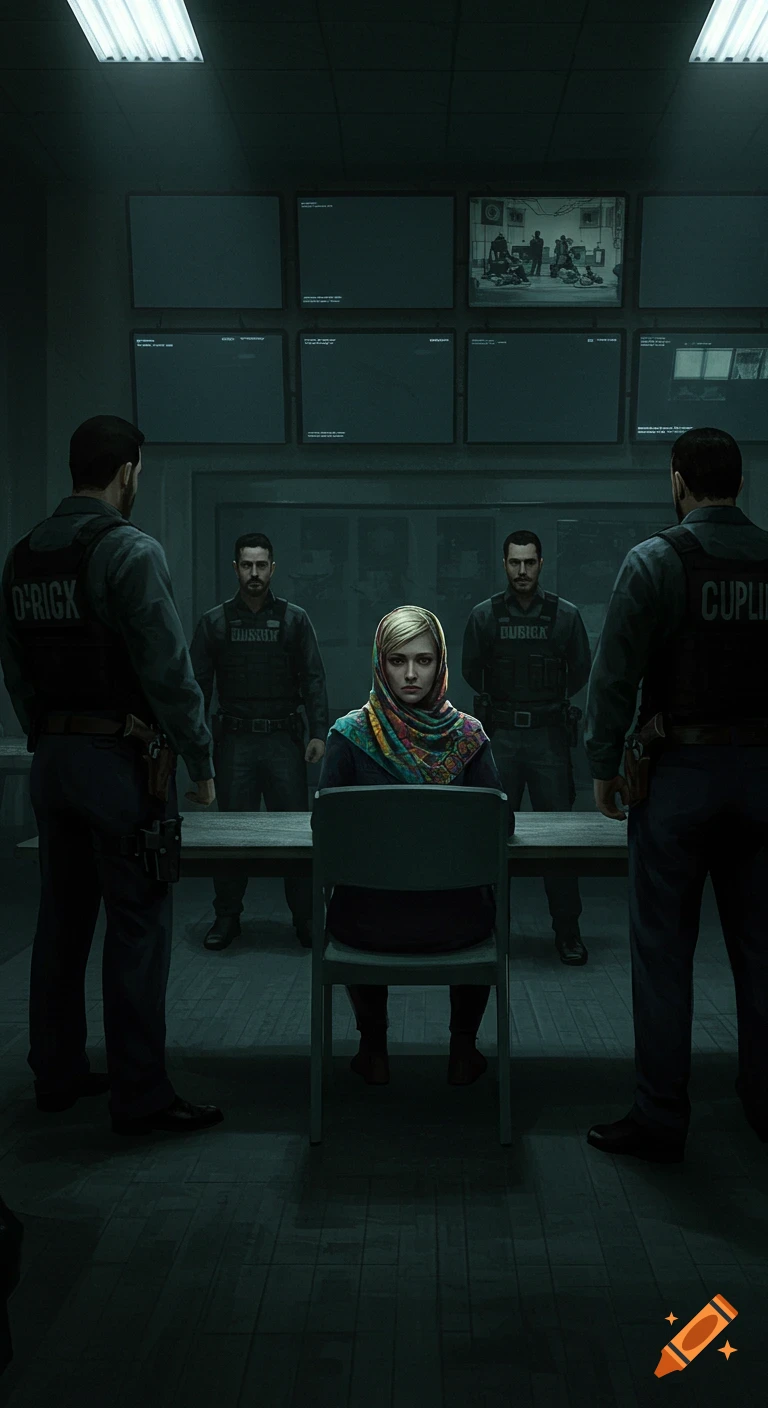 A woman in a colorful hijab sits at a table in a dimly lit room, facing four men in dark uniforms, in a digital art style.