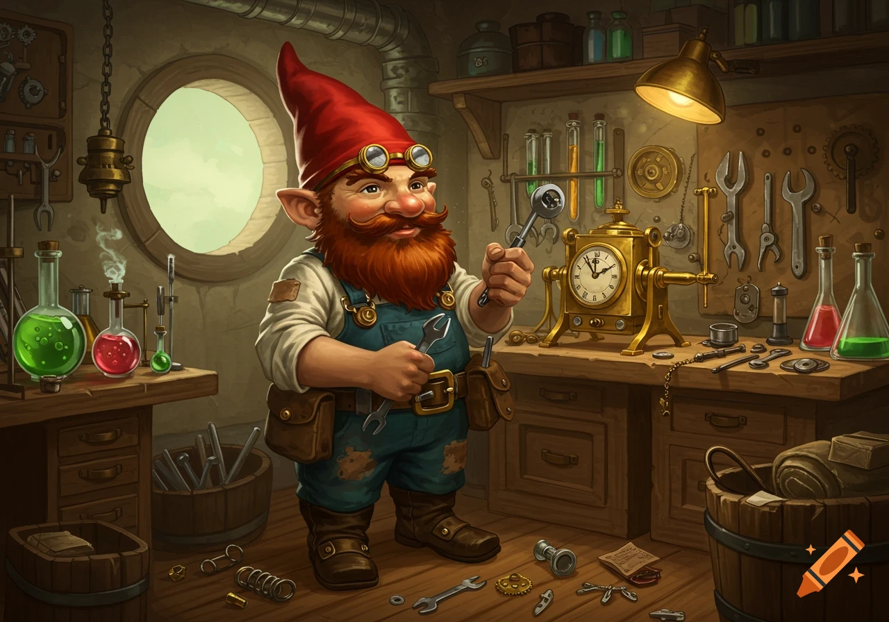 A red-capped gnome mechanic with a beard, wearing overalls and goggles, holding tools in a cluttered steampunk workshop with a golden clock.