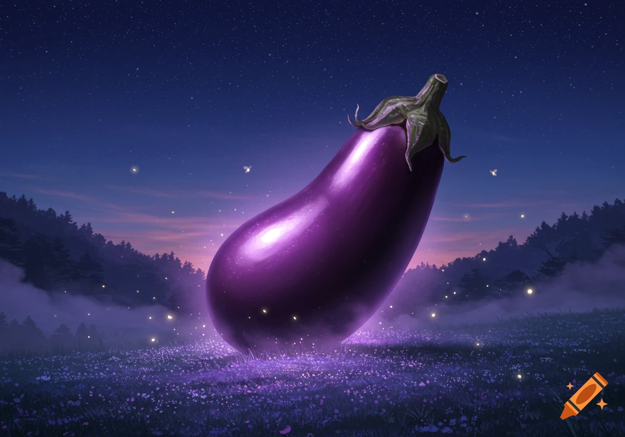 A giant, glowing purple eggplant stands in a field of purple flowers under a starry night sky with fireflies.