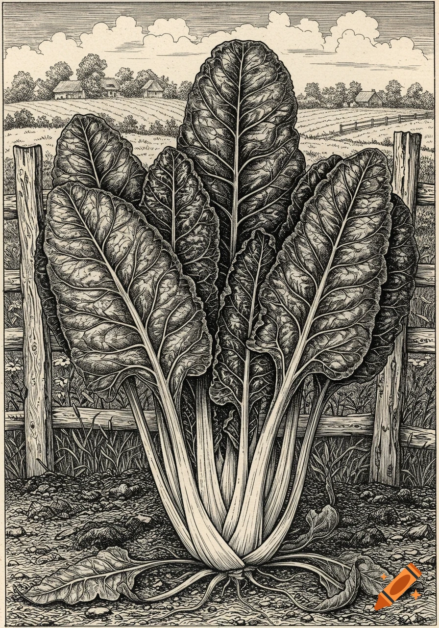 Detailed black and white drawing of a large chard plant in the foreground, with a rural farm field and wooden fence in the background.